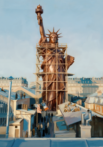 VR rendering of Statue for Liberty with scaffolding on it surrounded by the city