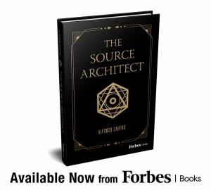 Book cover of “The Source Architect” by Alfonso Cahero; book launch announcement.