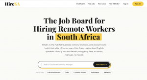 HireSA homepage showing a direct-hire job board for South African remote professionals