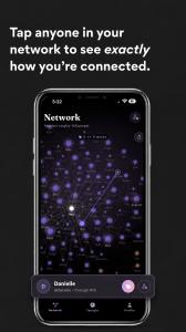 The Degrees app showing a purple network map of interconnected friends and friends of friends on a phone screen.