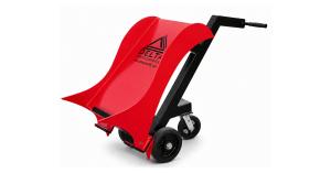 Red Delta Scientific DSC50BR portable barrier positioned on its three-wheel transporter.
