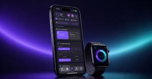 iPhone and apple watch showing the redesigned Peptides Calculator iOS app: the peptide dose calculator in the center, the new vials list with supply rails on the left, and the day-first meal diary on the right, over a dark violet aurora background.