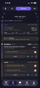 iPhone showing the Peptides Calculator Dayline meal screen with a daily calorie and macro summary, a logged breakfast, and gold Mira AI suggested meals along a vertical day timeline.