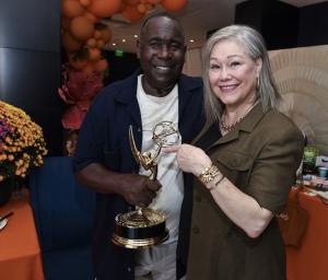 Carol Register with Ernest Harden Jr., who won his first Emmy Award for The Pitt days before The Marianna Group’s HARVEST Awards Week Experience in Beverly Hills. Photo by Amy Graves. Emmy Statuette ©ATAS/NATAS.