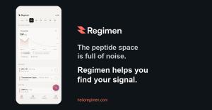 Regimen peptide tracker app showing a half-life curve and the day's scheduled doses