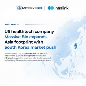 Press release graphic for Massive Bio and Intralink, with both company logos at the top. Headline reads "US healthtech company Massive Bio expands Asia footprint with South Korea market push," with a subhead stating Massive Bio has appointed Intralink to