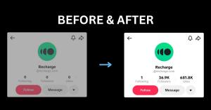 Side-by-side comparison of Recharge's TikTok profile, before with 0 following, 0 followers, and 0 likes, and after with 1 following, 36.9K followers, and 681.8K likes, showing growth from Young With Solutions' TikTok marketing strategy.