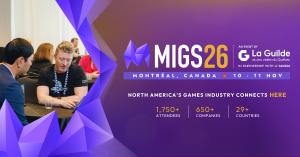MIGS26 event graphic featuring two video game industry professionals in a business meeting alongside the Montréal event dates and 2025 attendance statistics.