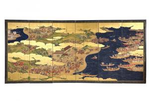 Japanese 19th-century six-panel folding screen (byobu) dating to the late Edo–Meiji period, rendered in ink, color, gofun, and gold leaf or gold pigment on paper. Estimate: $2,000-$3,000.
