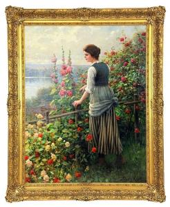 Oil-on-canvas painting by Daniel Ridgway Knight (American, 1839-1924), titled Woman on a balcony (1921), artist-signed lower right, 45in x 34½in (sight). Estimate: $20,000-$30,000