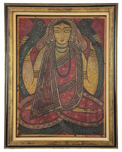 Tempera-on-cloth painting by Jamini Roy (Indian, 1887-1972), titled Snake Charmer, 22½in x 17in, signed in Bengali at lower right and housed in a gilt and black frame. Estimate: $15,000-$20,000