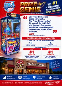 USA Lightning Prize Genie commercial crane machine, ranked #1 overall at Cameron Park Pizza Factory in July and August 2026