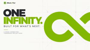 E-MetroTel “One Infinity. Built for What’s Next.” graphic featuring the Infinity symbol with technical construction lines.