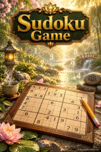 Sudoku Game with a wooden puzzle board, pencil, lotus flowers, garden stream, and golden “Sudoku Game” sign.