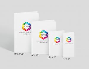 Presentation folders shown in 9 x 14.5, 9 x 12, 6 x 9 and 4 x 9 sizes.