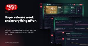 Signal audience intelligence platform by Skip The Critics, showing audience sentiment, hype and entertainment analytics for movies, TV and video games.