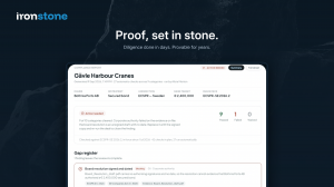 Ironstone compliance report showing nine of ten categories cleared and one blocking finding, with the regulatory citation and source document listed beside it.  Alt text describes what is on screen for someone who cannot see it, so it stays plain and drop