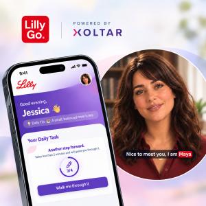 LillyGo app interface alongside XOLTAR’s video companion Maya, with LillyGo and “Powered by XOLTAR” branding.
