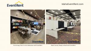 EventRent's tradeshow booth setup — pipe and drape, linens, staging, and signage — on display at a recent Treasure Valley event.