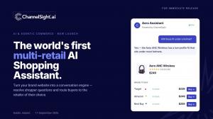 ChannelSight announcement banner on navy: headline 'The world's first multi-retail AI Shopping Assistant,' beside a live assistant card recommending Aero ANC Wireless headphones with retailer pricing