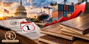 Engineered hardwood flooring samples beside a federal document and October 1 calendar, with the U.S. Capitol, cargo ship, shipping containers and rising cost arrow representing potential tariff impacts on flooring prices and availability.