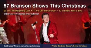 Singer in a red sequin jacket performing Matthew Boyce's Retro Christmas show in Branson, Missouri, with the text 57 Branson Shows This Christmas and the 2026 holiday show counts