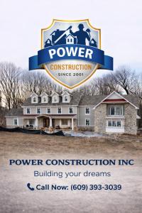 Power Construction Inc. promotional graphic featuring the company logo over a custom home construction project, with the tagline Building your dreams.