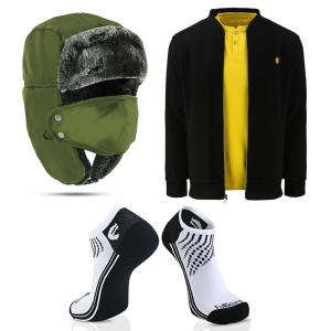 The photo is a group of apparel and accessories like beanie, tshirt with jacket on it, socks photographed in an invisible mannequin style