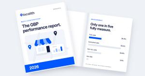 Localith report booklet beside an open page showing that only 20.4% of respondents fully measure individual GBP initiatives.