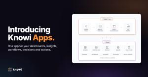Diagram of Knowi Apps built on the Knowi platform, showing describe, build, deploy and workflow steps above AI analytics, unified data layer, governance, agentic BI and security.