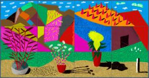 Colorful landscape titled "August 2021, Landscape with Shadows" by the artist David Hockney.
