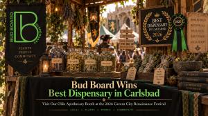 Bud Board Olde Apothecary booth for the 2026 Cavern City Renaissance Festival celebrating its Best Dispensary in Carlsbad award