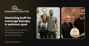 Spamarketing.com founder standing with two massage therapy and wellness spa clients in their treatment rooms, next to the Spamarketing.com logo and tagline.