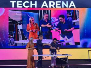 ETI’s Jeff Yen demonstrates EtherPower™ wireless-power technology onstage at LEAP 2026.