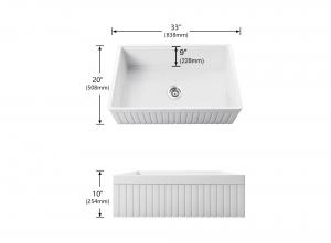 Technical dimension drawing of a fluted apron fireclay farmhouse sink annotated 33 inches wide, 20 inches front to back, 10 inches high and 9 inches bowl depth.