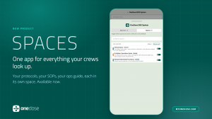 OneDose mobile app screen showing the Spaces tab with three toggles: Clinical Space (default), Firefighter Operations Guide, and Standard Operating Procedures, all switched on.