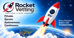 Rocket Vetting LLC rocket launching above Earth with the message Private, Secure, Autonomous, Continuous.
