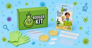 Booger Kit STEM science kit designed to help kids stop picking their nose, showing product box, insert booklet, petri dishes, swabs, and gloves