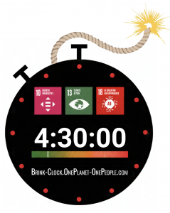 A clock face that looks like a bomb with a digital countdown timer and the three SDG: 10: Inequalities, 13: Climate & our new additional: 18: AI Education & Governance