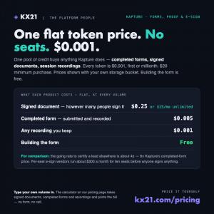 Kapture pricing card listing flat per-token prices for signed documents, completed forms and recordings