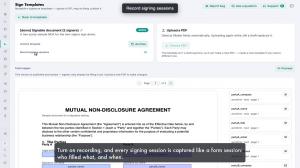 Kapture Sign template screen showing the Record signing sessions option on an NDA template