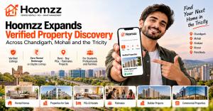 Hoomzz property listing platform promoting verified property discovery across Chandigarh, Mohali, Zirakpur, Kharar and Panchkula, featuring rental homes, properties for sale, PGs, flatmates, builder projects and commercial properties.