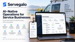 Servegalo AI-native operations platform shown on laptop and mobile, featuring AI receptionist, scheduling, dispatch, CRM, estimates, invoicing and payments.