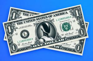Three overlapping U.S. one-dollar bills redesigned with a humanoid robot portrait at the center, set against a bright blue background.