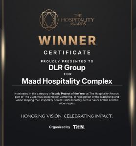 Winner certificate from The Hospitality Awards 2026 presented to DLR Group for the Maad Hospitality Complex in the Iconic Project of the Year category.