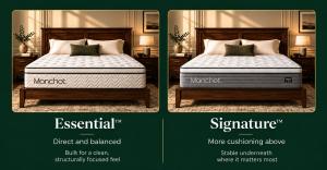 Manchot Essential and Signature hybrid mattresses with reinforced center support in a bedroom setting