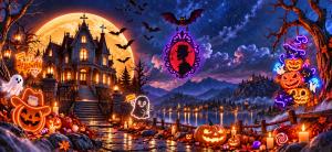 LC Sign AFTER DARK Halloween neon collection displayed in a nighttime seasonal scene with pumpkins, ghosts and illuminated designs.