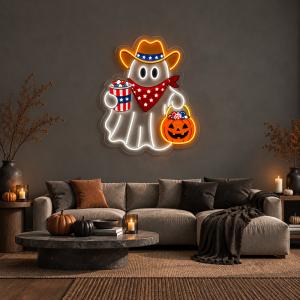 LC Sign AFTER DARK Halloween neon sign featuring a cowboy ghost with candy and a pumpkin trick-or-treat bucket in a decorated living room.