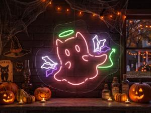 LC Sign Halloween neon sign featuring playful angel and devil ghosts surrounded by pumpkins and seasonal décor.