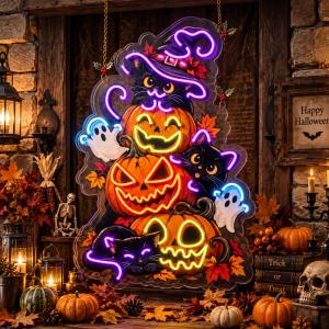Colorful LC Sign Halloween neon sign featuring black cats, jack-o’-lanterns and ghosts in a seasonal display.